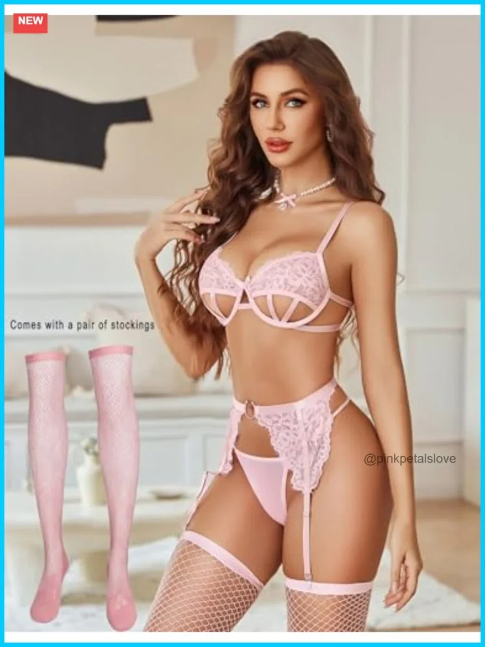 Underwire Lingerie Set with Stockings - Cut Out Bra and Panty Matching 4 Piece